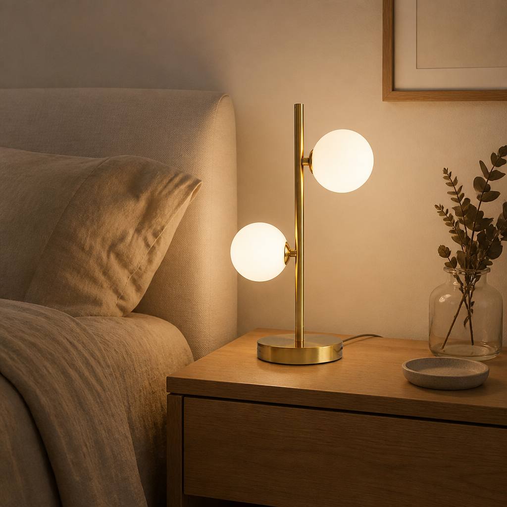 Abajur de mesa dourado de globos de vidro em quarto neutro de linho - Vittara Decor