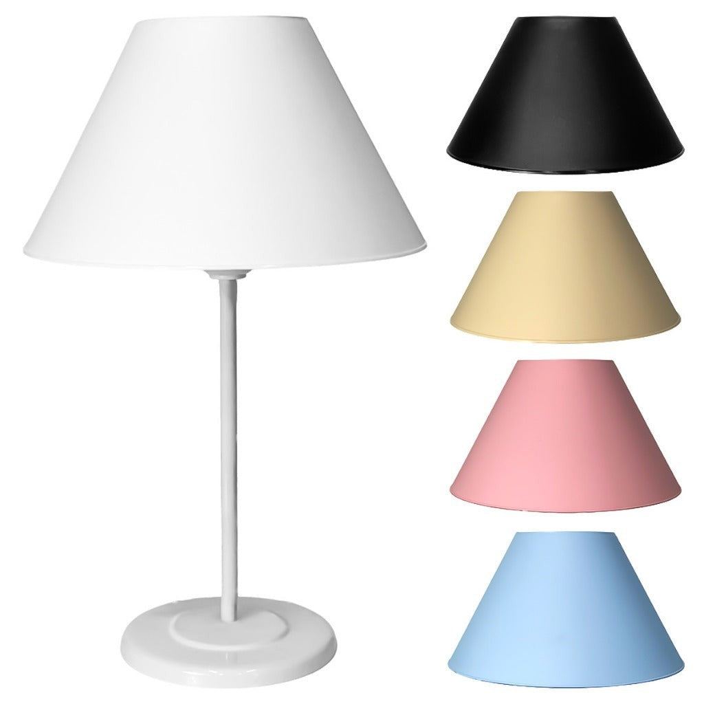 Abajur de mesa de ferro branco ao lado das cúpulas preta, bege, rosa e azul - Vittara Decor