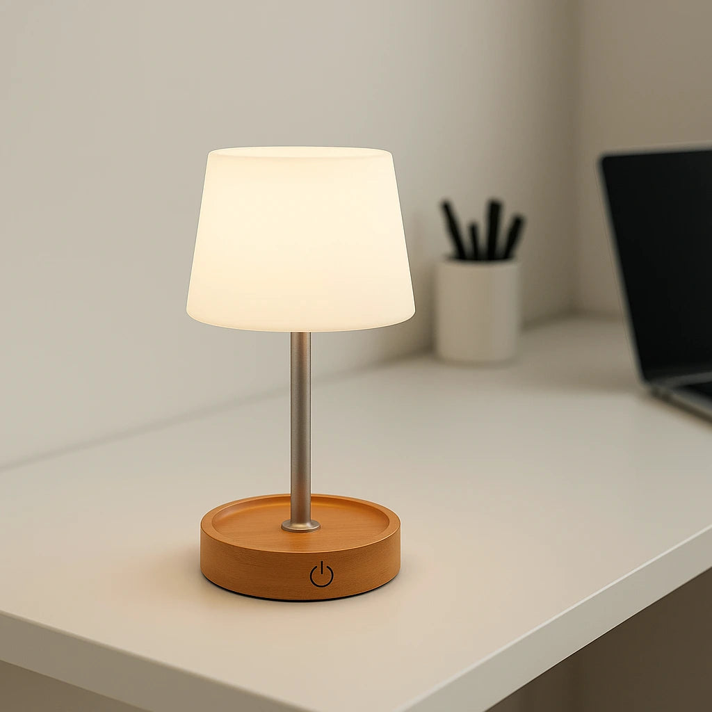 Abajur de Mesa LED Recarregável em home office minimalista com mesa branca — Vittara Decor