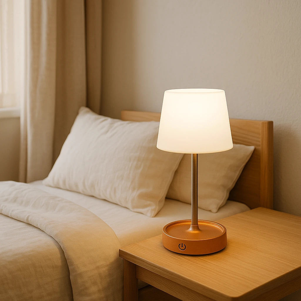 Abajur de Mesa LED Recarregável em cabeceira de quarto nórdico minimalista — Vittara Decor