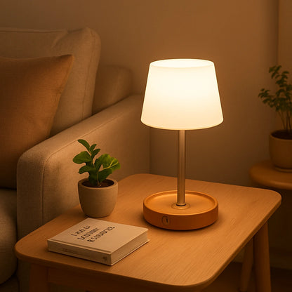 Abajur de Mesa LED Recarregável em sala de estar nórdica ao entardecer — Vittara Decor