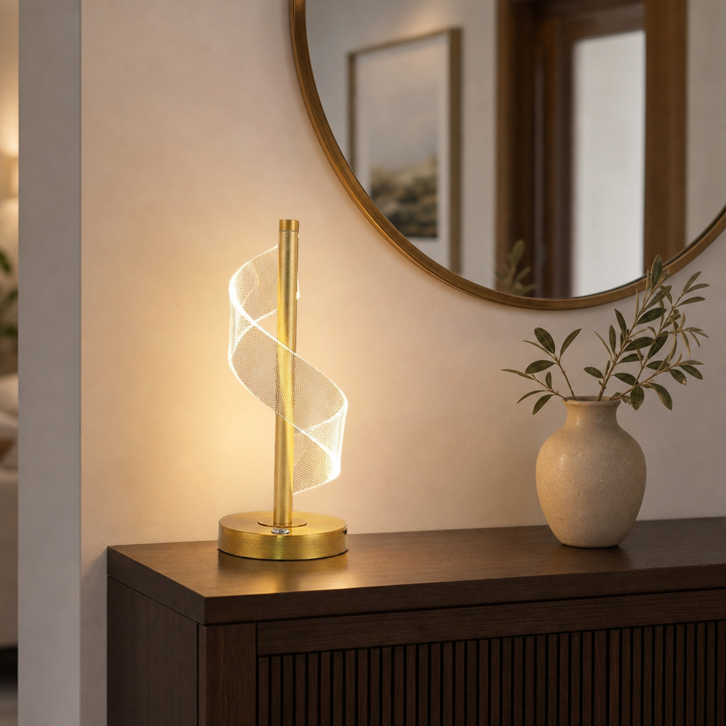 Abajur de mesa touch espiral dourado em aparador de madeira com espelho redondo - Vittara Decor