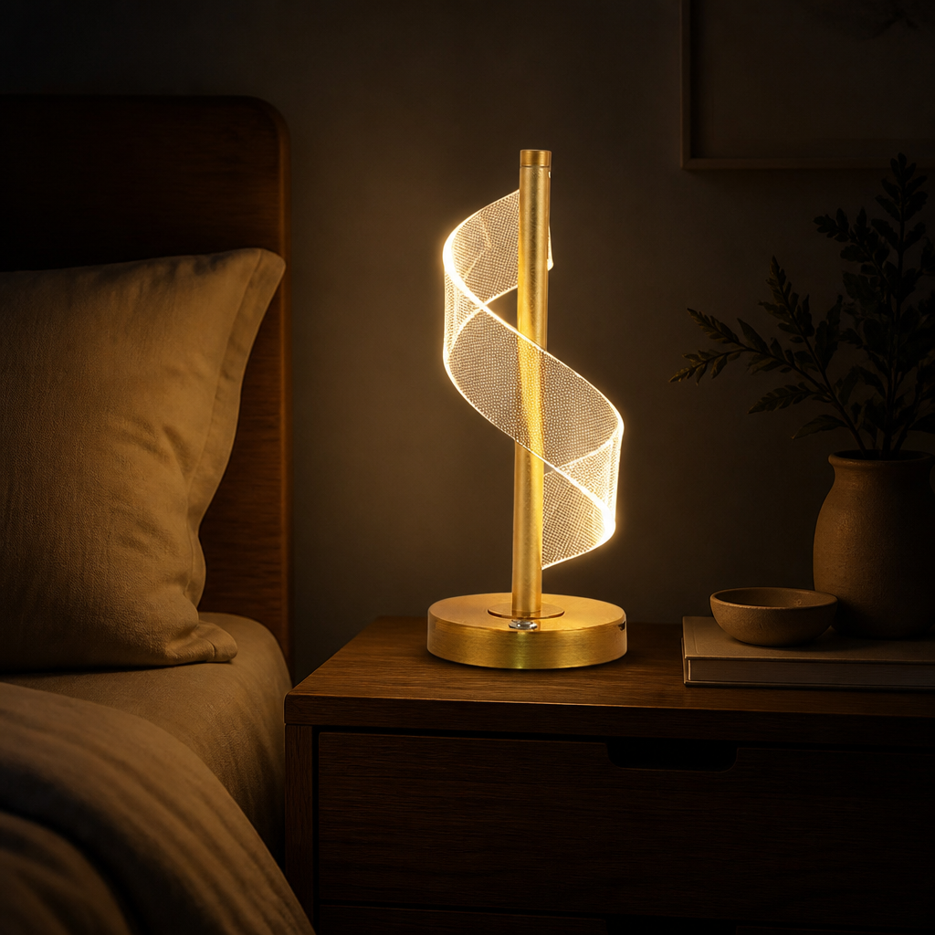 Abajur de mesa touch aceso no criado-mudo ao lado da cama à noite - Vittara Decor