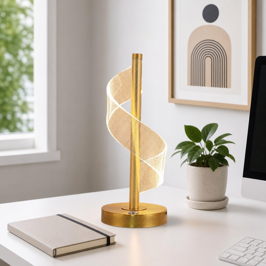 Abajur de mesa touch espiral em escrivaninha branca de home office - Vittara Decor