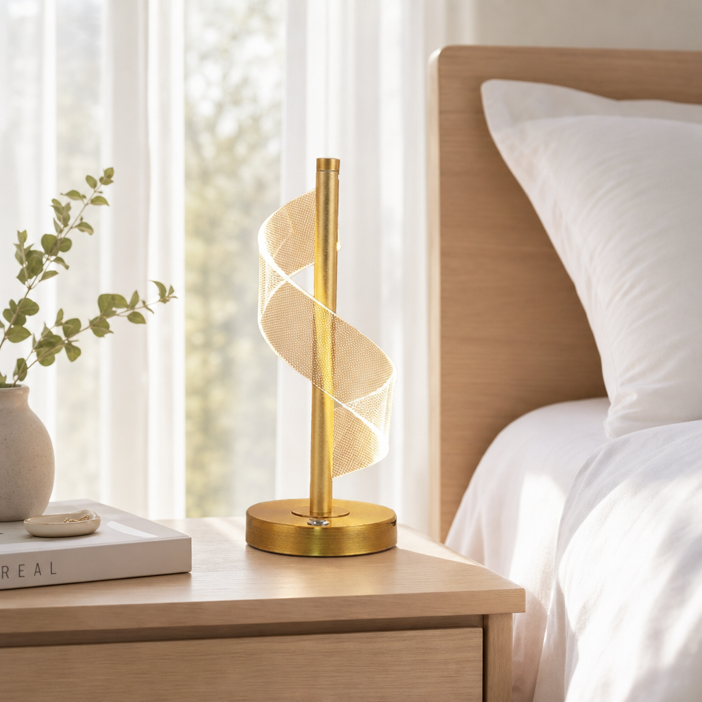 Abajur de mesa touch LED espiral dourado no quarto com luz da manhã - Vittara Decor