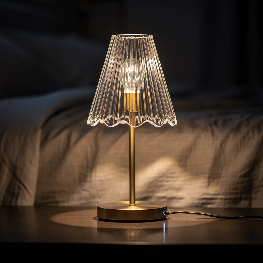 Abajur portátil de cristal com glow suave em ambiente escurecido — Vittara Decor