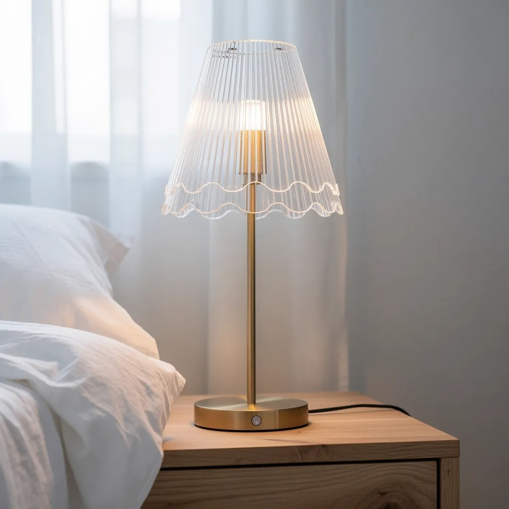 Abajur portátil de cristal na cabeceira de quarto nórdico com luz quente — Vittara Decor