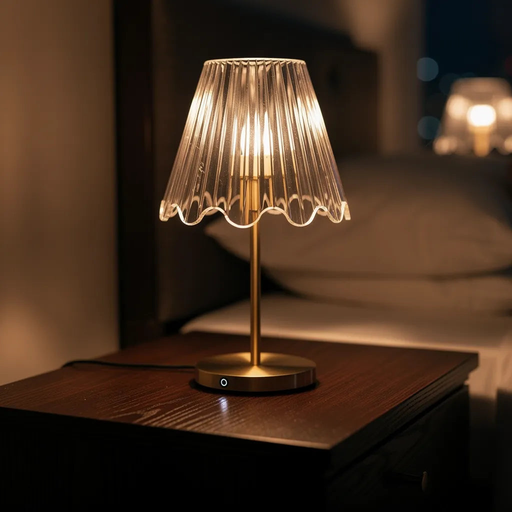Abajur portátil de cristal com luz quente 3000K criando ambiente relaxante — Vittara Decor