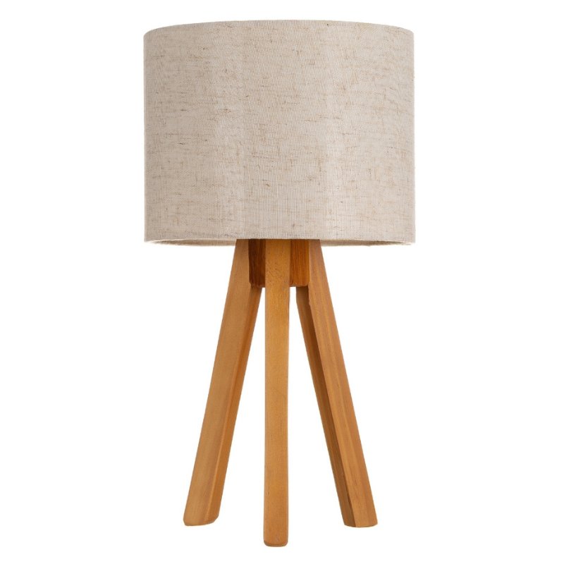 Abajur Tripé de Madeira com Cúpula de Linho base cerejeira cúpula linho claro ângulo lateral - Vittara Decor