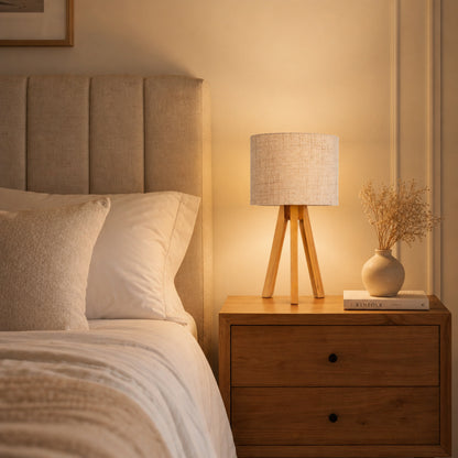Abajur Tripé de Madeira com Cúpula de Linho em quarto com cabeceira bege aconchegante - Vittara Decor