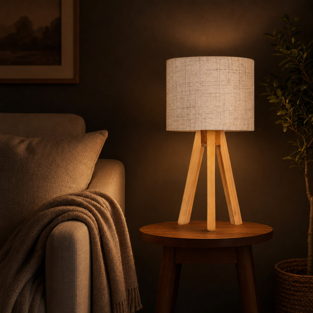 Abajur Tripé de Madeira com Cúpula de Linho em sala de estar noturna sobre mesa lateral - Vittara Decor