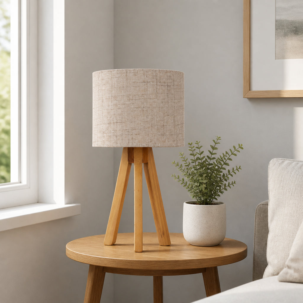 Abajur Tripé de Madeira com Cúpula de Linho em sala com mesa lateral e planta com luz natural - Vittara Decor