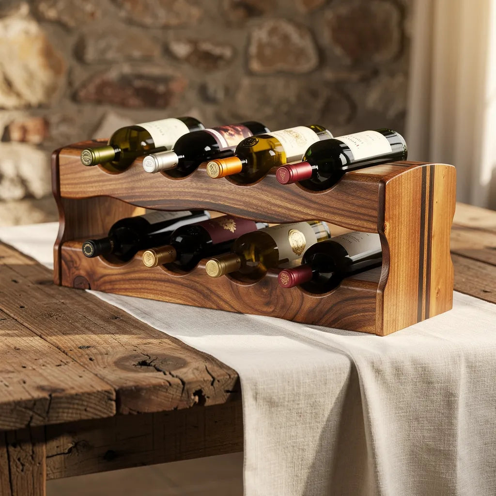 Adega de madeira acácia em mesa rústica campestre com garrafa de vinho e linho — Vittara Decor