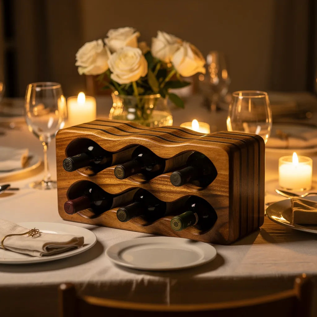Adega de madeira acácia como centro de mesa posta para jantar com taças e rosas — Vittara Decor
