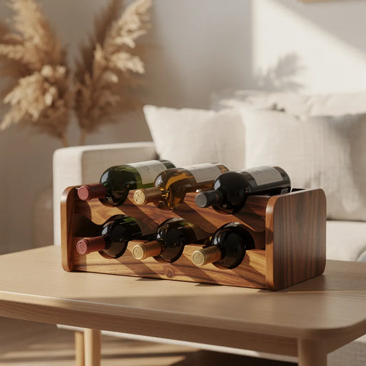 Adega de madeira acácia com garrafas em mesa lateral de sala de estar nórdica — Vittara Decor