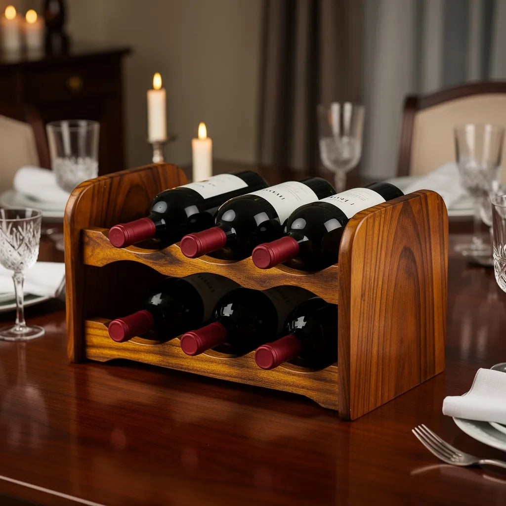 Adega de madeira acácia para vinhos em mesa de jantar elegante com taças e velas — Vittara Decor