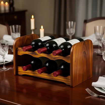 Adega de madeira acácia para vinhos em mesa de jantar elegante com taças e velas — Vittara Decor