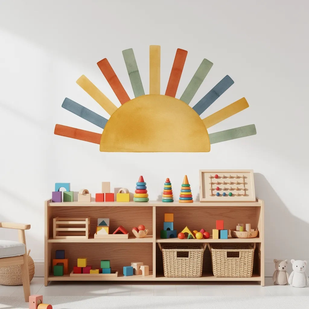 Adesivo boho sol colorido acima de estantes montessori em playroom — Vittara Decor