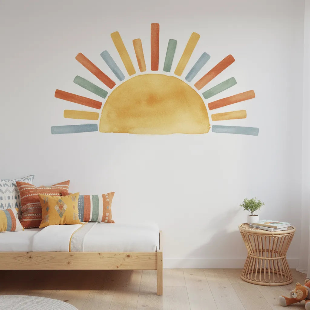 Adesivo boho sol colorido em quarto infantil moderno com cama baixa de pinho — Vittara Decor