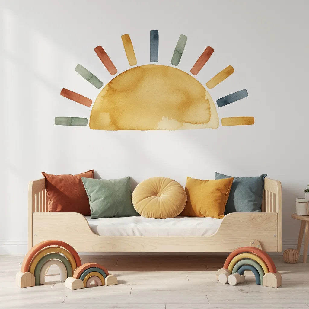 Adesivo boho sol colorido acima de cama em quarto infantil alegre e colorido — Vittara Decor