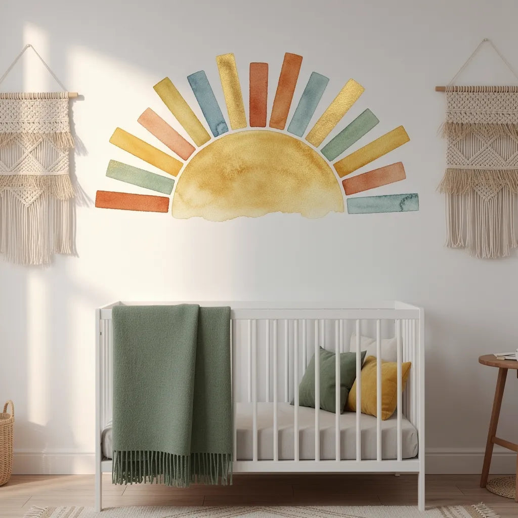 Adesivo boho sol colorido em quarto de bebê nórdico com acentos verde sálvia — Vittara Decor