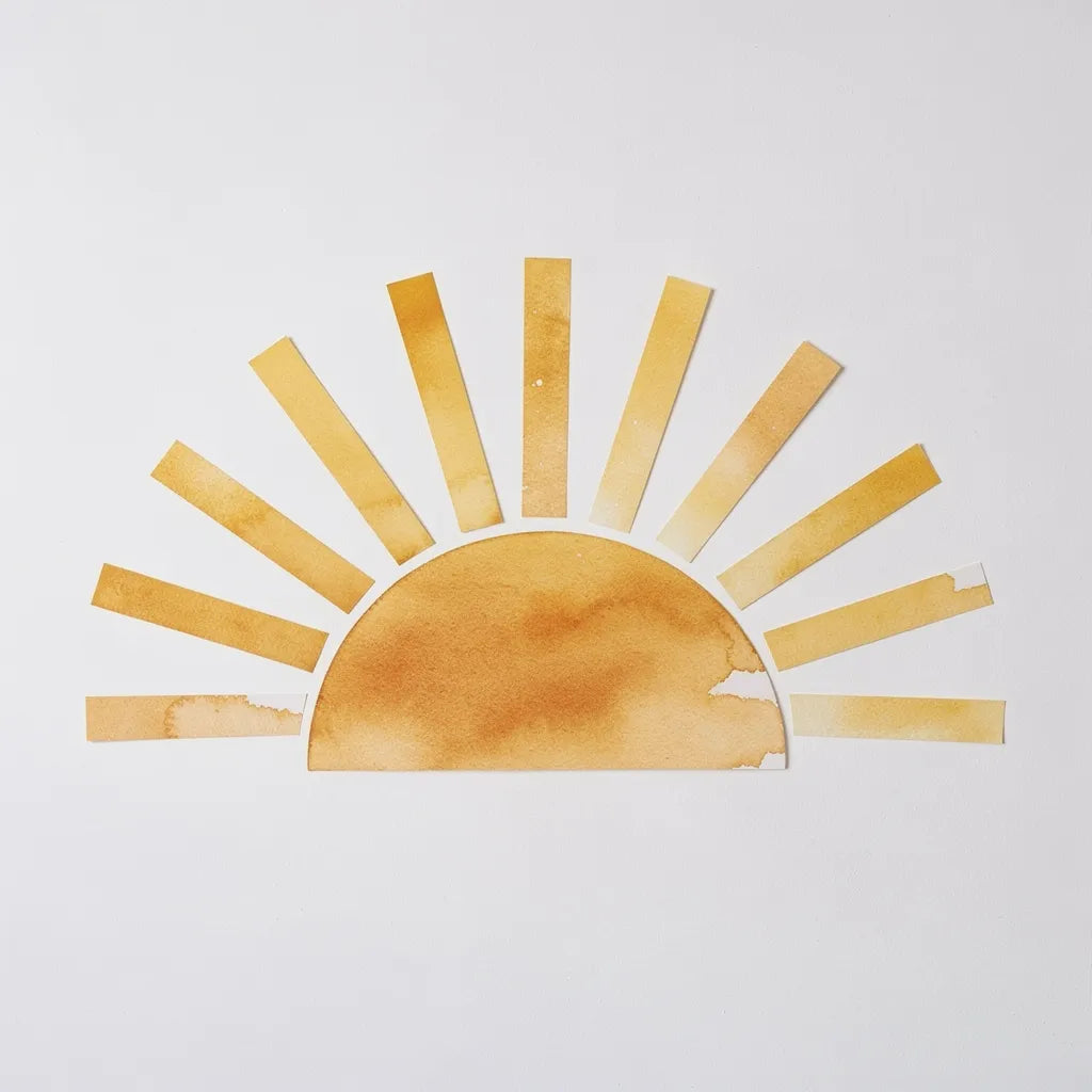 Adesivo de parede boho sol grande dourado em parede branca — Vittara Decor