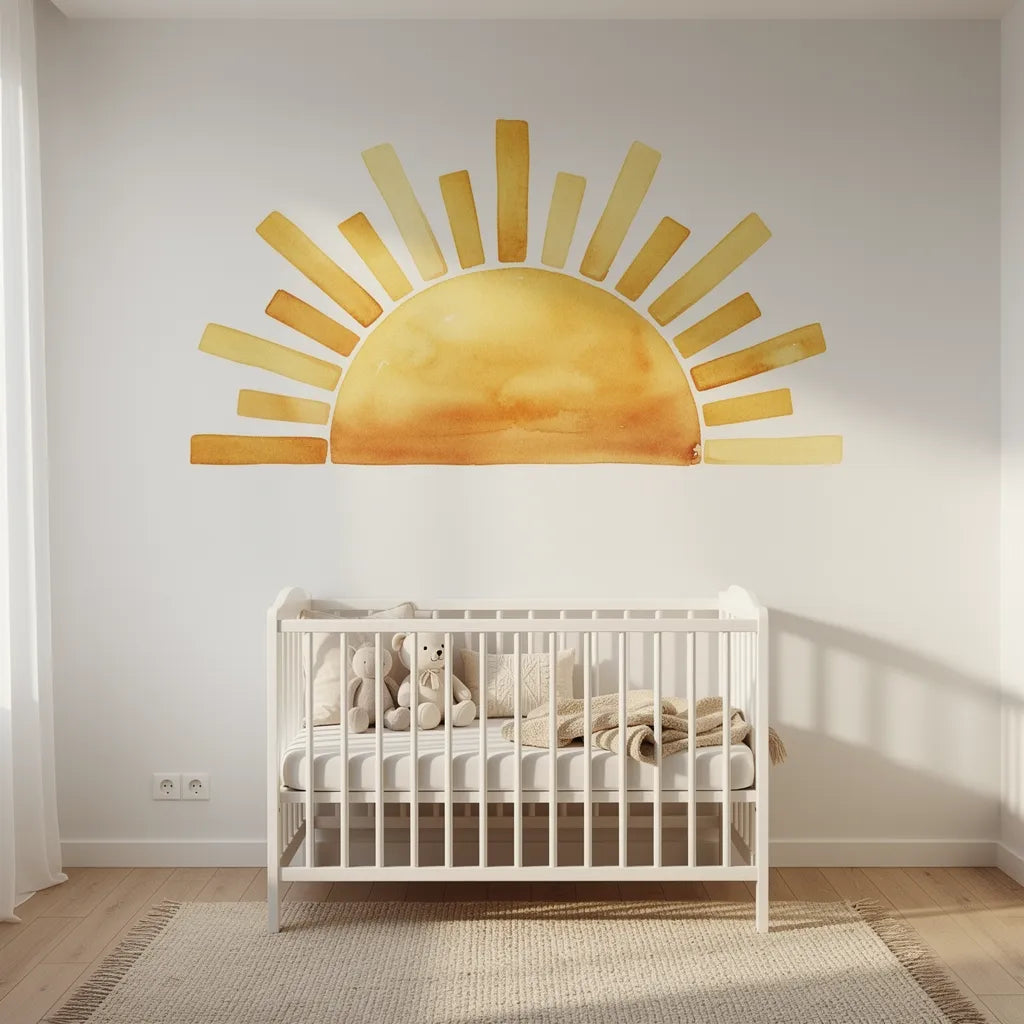 Adesivo boho sol grande dourado acima de berço em quarto de bebê boho — Vittara Decor