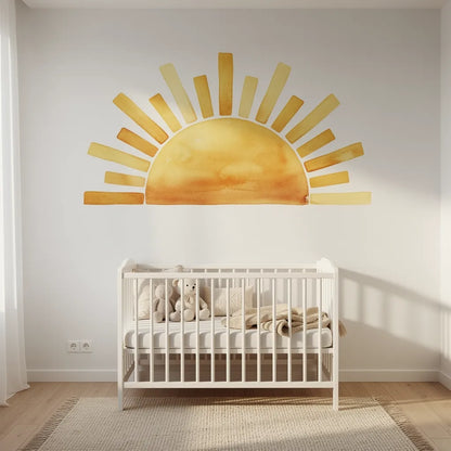 Adesivo boho sol grande dourado acima de berço em quarto de bebê boho — Vittara Decor