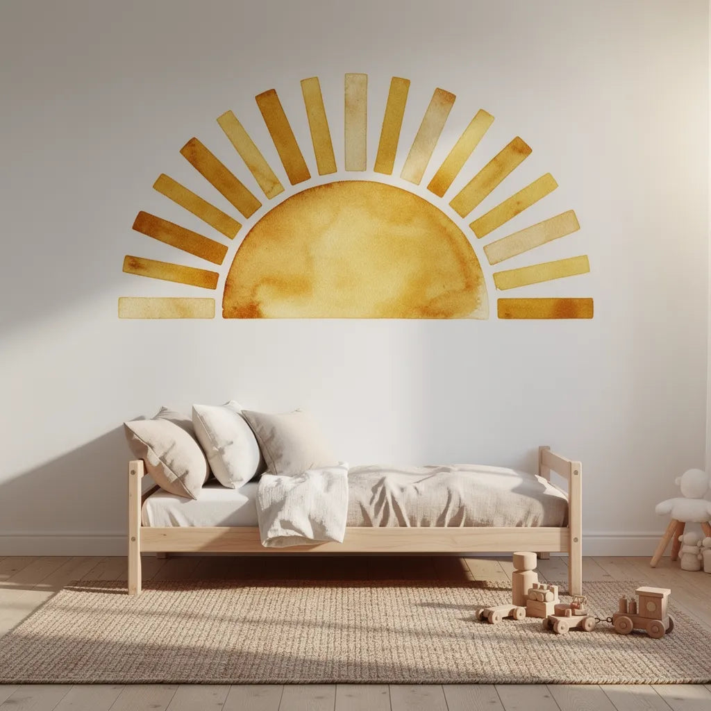 Adesivo boho sol grande em quarto montessoriano com cama baixa de madeira — Vittara Decor