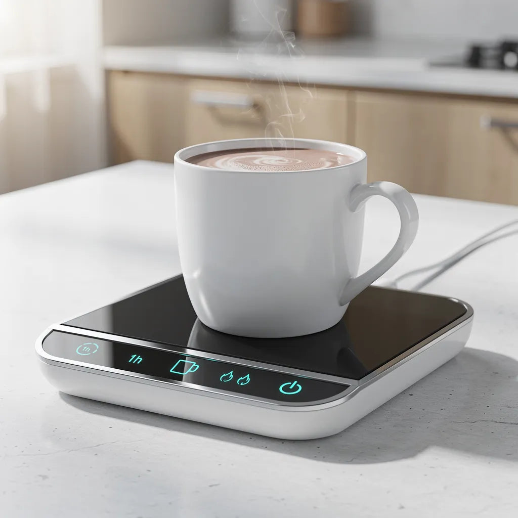 Aquecedor de canecas USB em bancada de cozinha moderna com caneca de chocolate quente — Vittara Decor