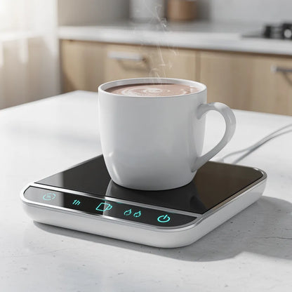 Aquecedor de canecas USB em bancada de cozinha moderna com caneca de chocolate quente — Vittara Decor