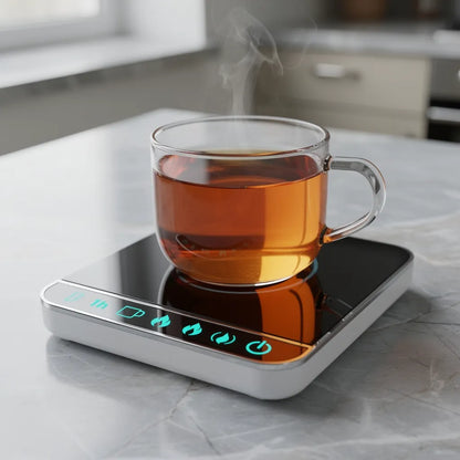 Aquecedor de canecas mantendo cha quente em caneca de vidro sobre balcao de marmore — Vittara Decor