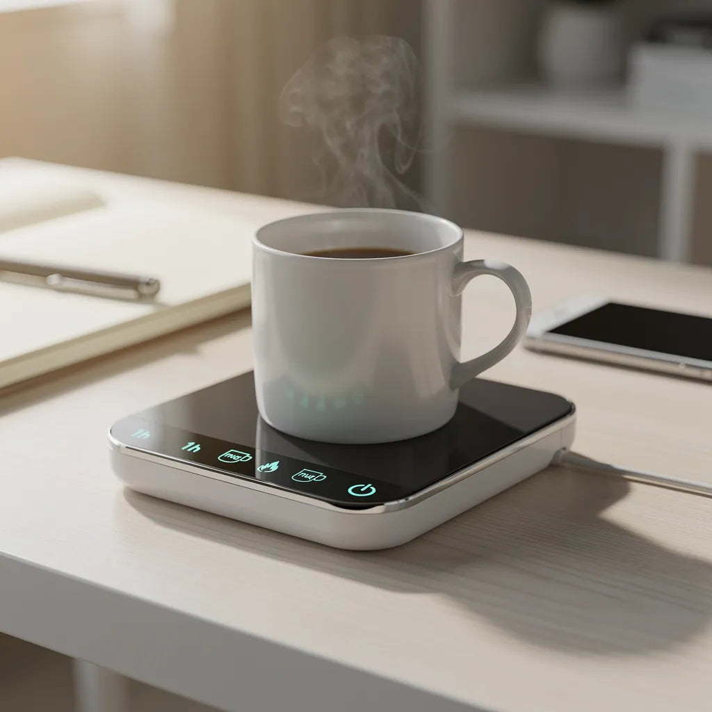 Aquecedor de canecas USB em home office produtivo com caneca aquecida e notebook — Vittara Decor