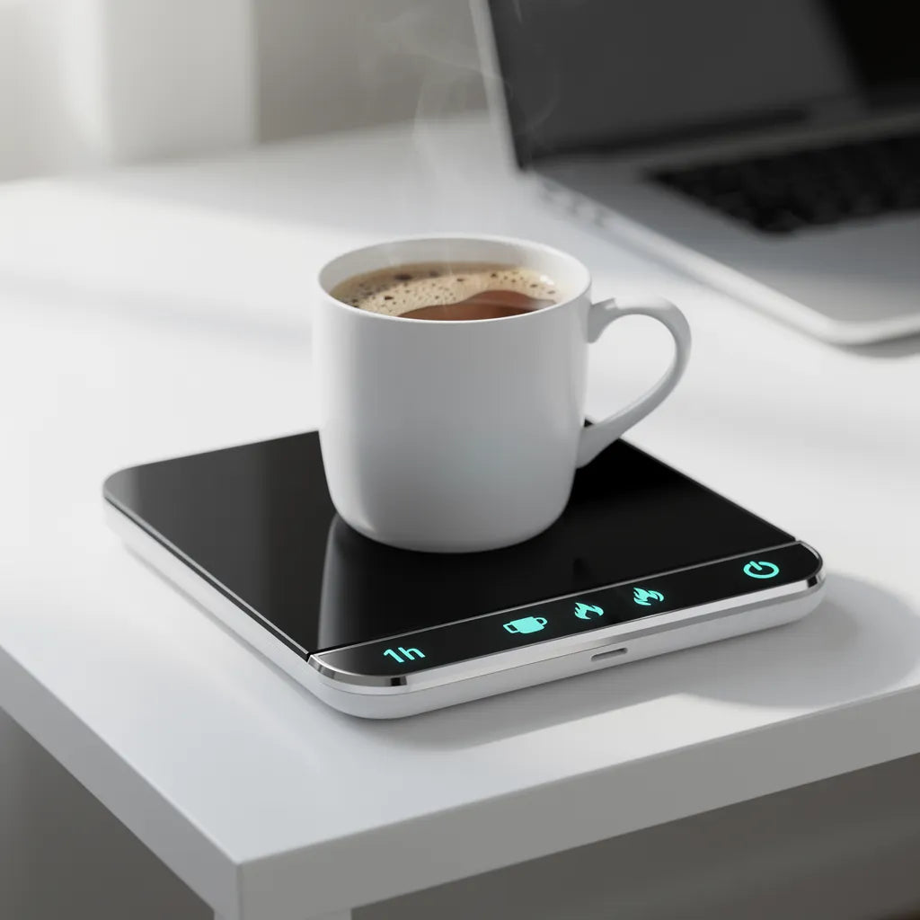 Aquecedor de canecas USB em mesa de escritorio nordico com caneca de cafe — Vittara Decor