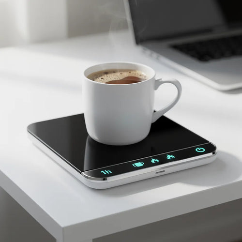 Aquecedor de canecas USB em mesa de escritorio nordico com caneca de cafe - Vittara Decor