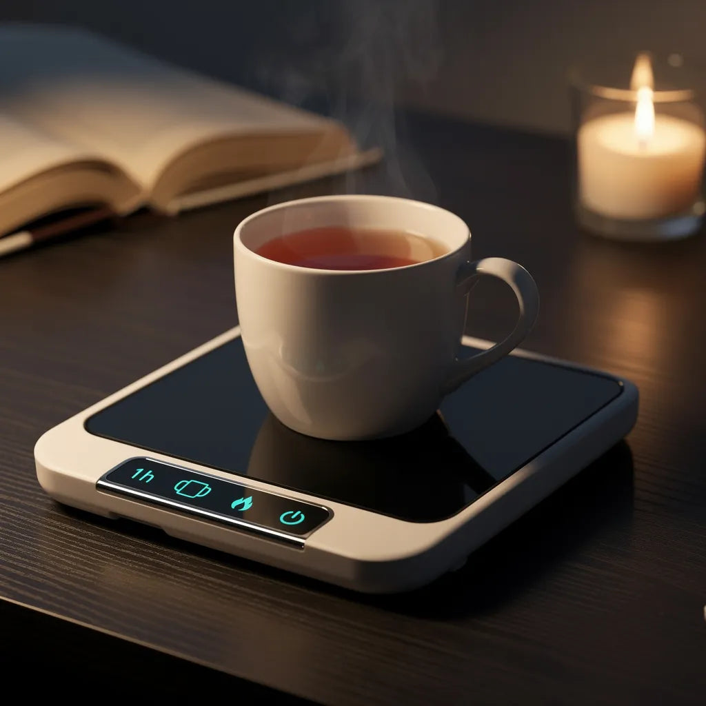 Aquecedor de canecas USB a noite em mesa aconchegante com cha quente e livro — Vittara Decor