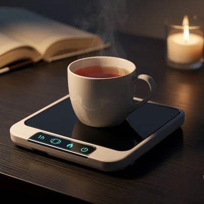 Aquecedor de canecas USB a noite em mesa aconchegante com cha quente e livro — Vittara Decor