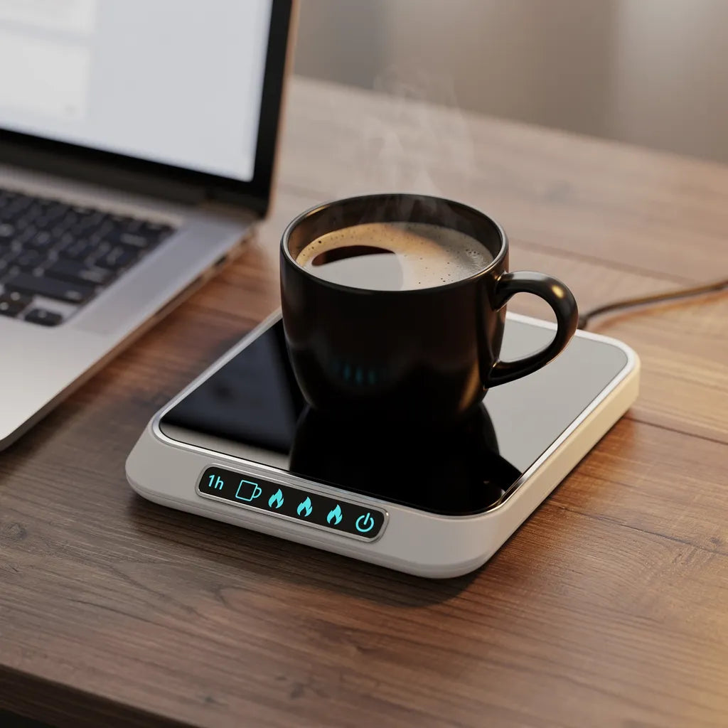 Aquecedor de canecas USB ao lado de notebook com caneca preta aquecida — setup trabalho em casa — Vittara Decor