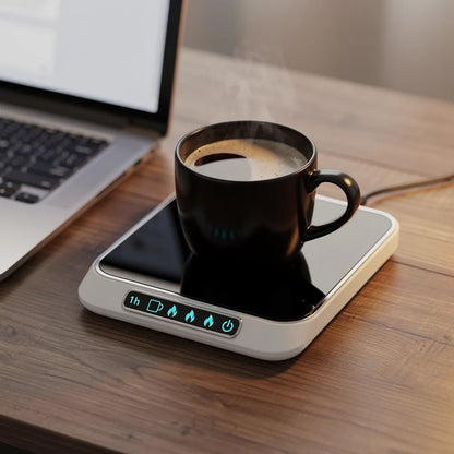 Aquecedor de canecas USB ao lado de notebook com caneca preta aquecida — setup trabalho em casa — Vittara Decor