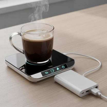Aquecedor de canecas USB conectado a power bank demonstrando portabilidade — Vittara Decor