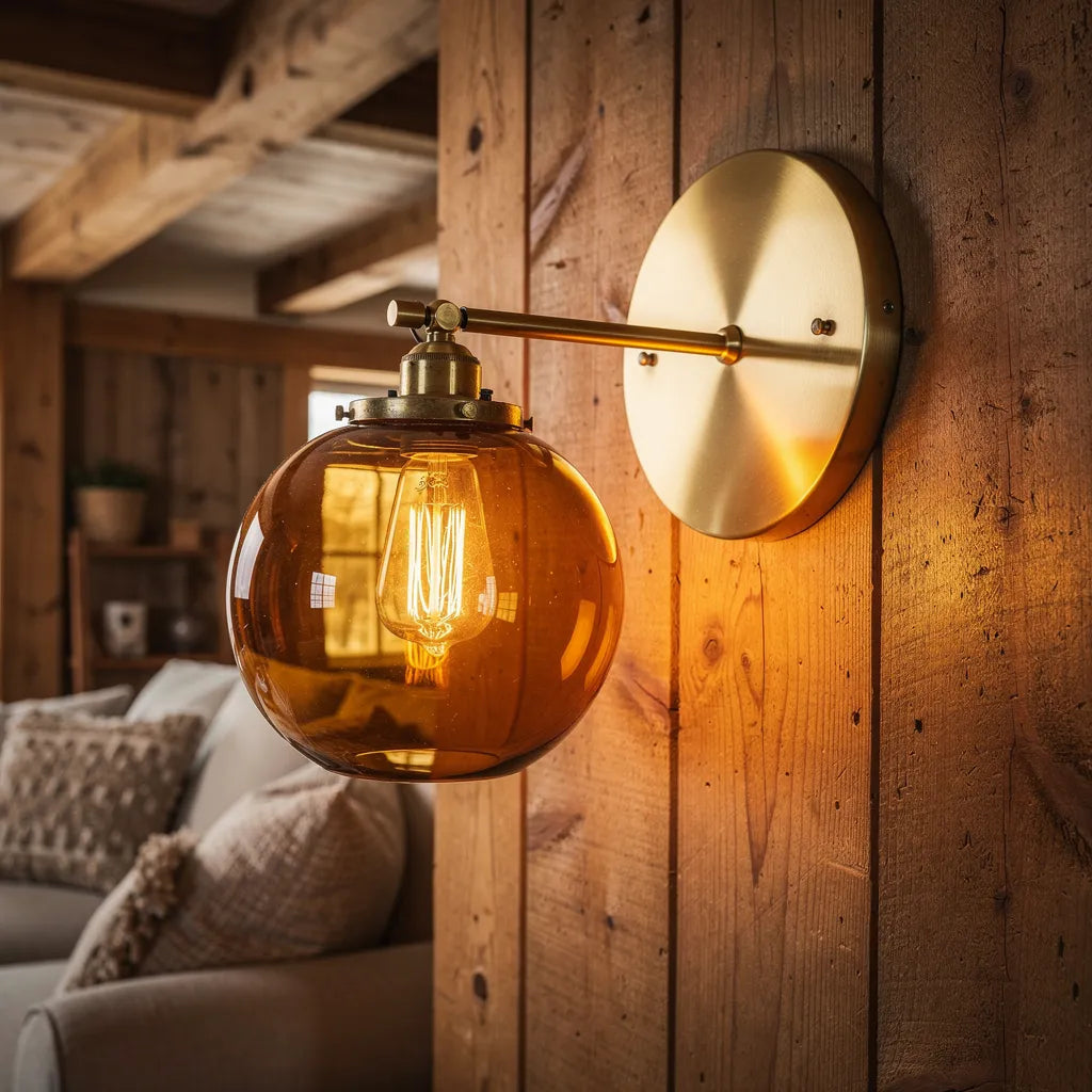 Arandela colonial globo ambar em sala rustica estilo fazenda — Vittara Decor