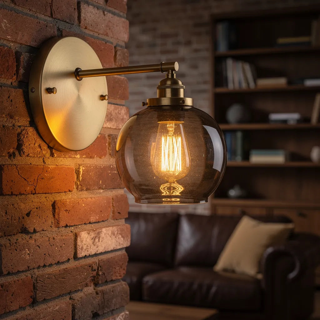 Arandela colonial globo cinza fumado em loft industrial — Vittara Decor