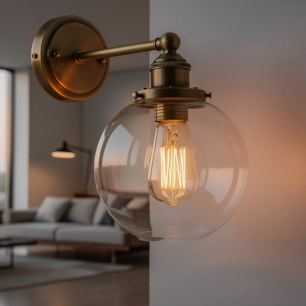 Arandela colonial globo transparente em sala contemporanea — Vittara Decor