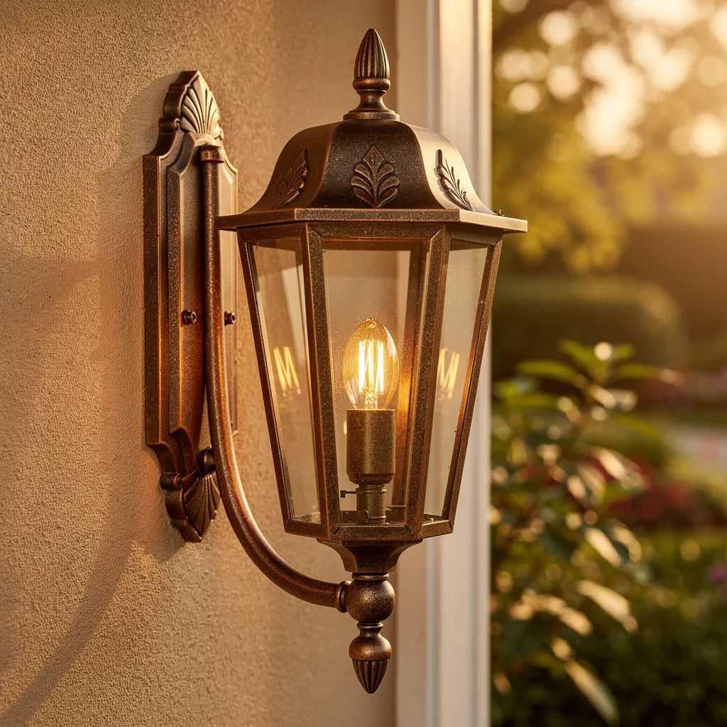 Arandela colonial bronze na entrada de casa com jardim e luz dourada — Vittara Decor