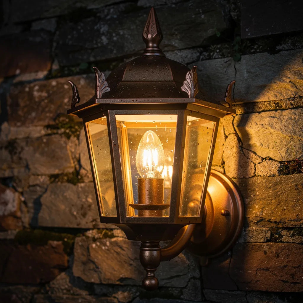 Arandela colonial bronze a noite em parede rustica com halo de luz ambar — Vittara Decor