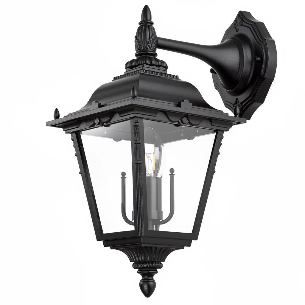 Detalhe do pináculo decorativo e paineis de vidro da arandela colonial preta — Vittara Decor
