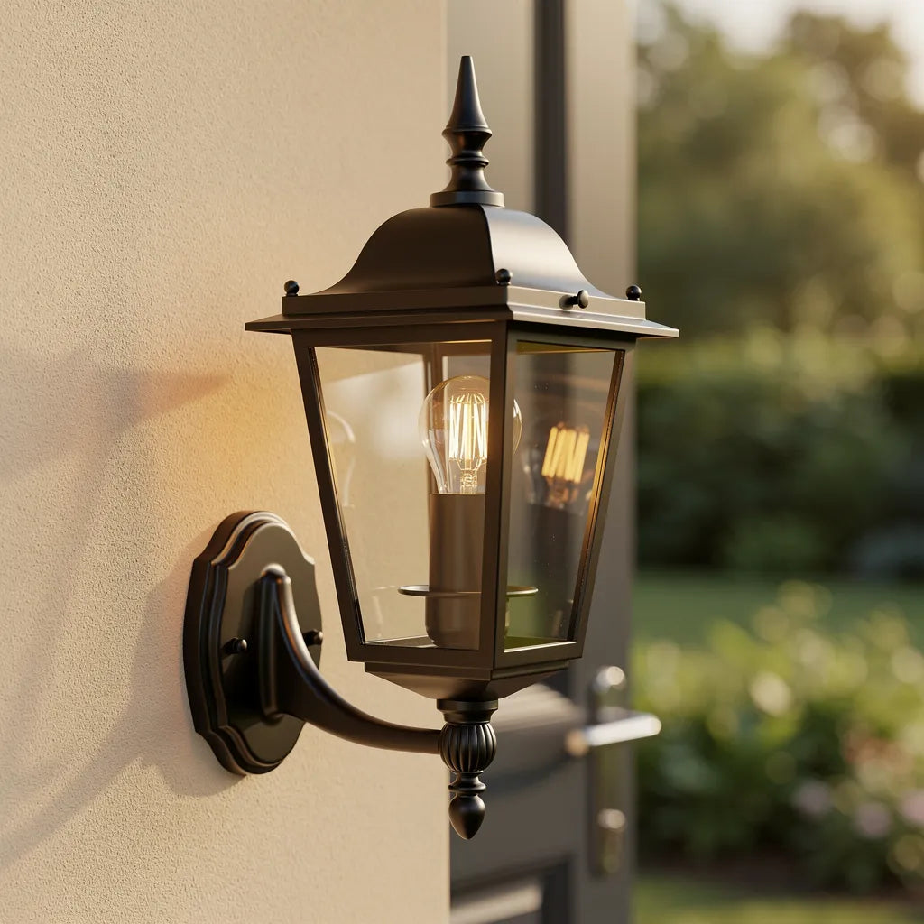 Arandela colonial preta na entrada de casa com jardim ao fundo e luz dourada — Vittara Decor