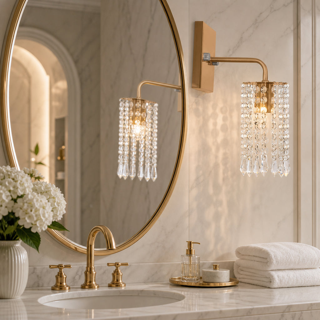 Arandela de Parede Cristal Dourada ao Lado de Espelho em Banheiro Elegante - Vittara Decor