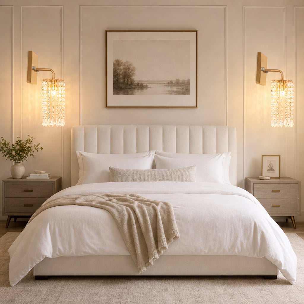 Par de Arandelas de Parede Cristal Dourada nas Laterais da Cama - Vittara Decor