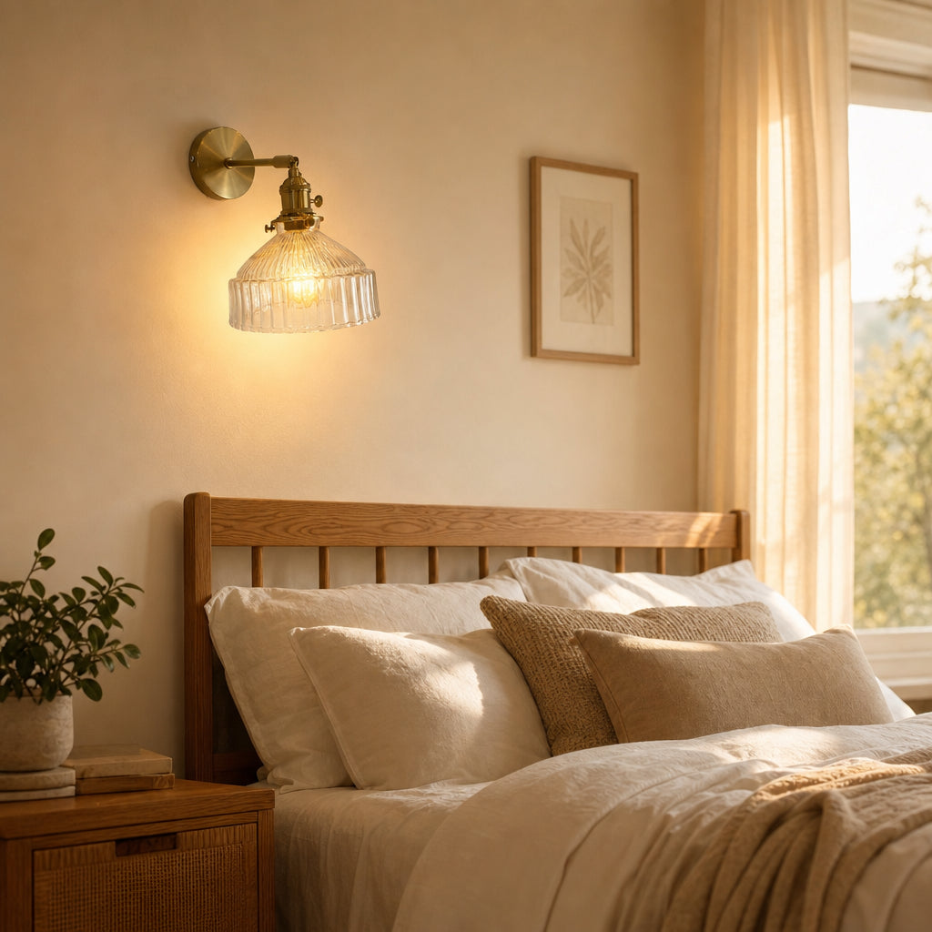 Arandela de Parede Vidro Canelado Braço Dourado em Quarto com Cabeceira de Madeira - Vittara Decor